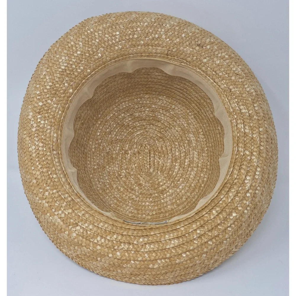Ellen Deering Original Straw Boater Hat Womens 7-1/8 Tan Floral Ribbon